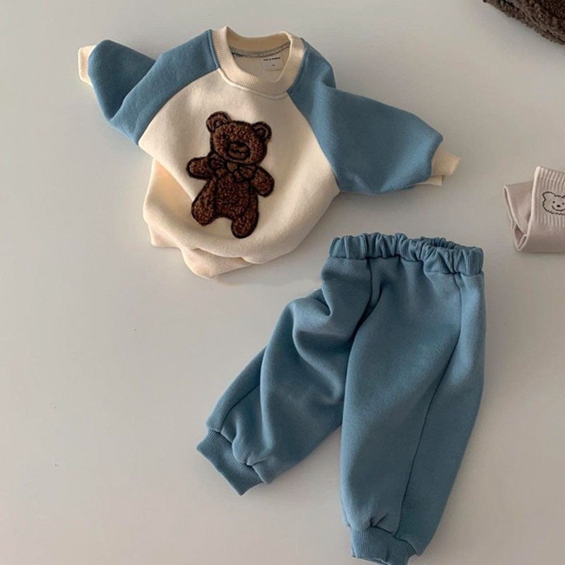 2022 spring and autumn girls baby cute embroidered bear pullover boys long-sleeved sweatshirt casual two-piece suit alx