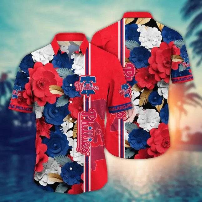 Philadelphia Phillies Hawaiian Shirt Bold Floral Stripes Design