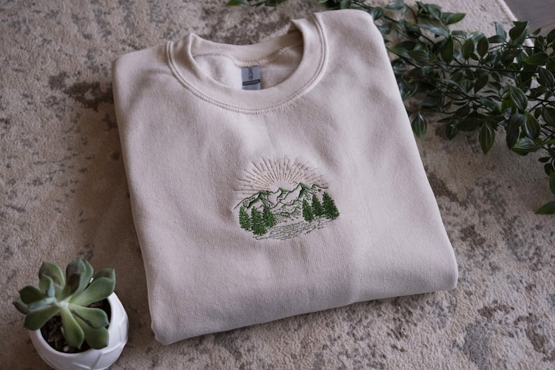 Outdoor Mountain Scenery Embroidered Sweatshirt 2D Crewneck Sweatshirt All Over Print Sweatshirt For Women Sweatshirt For Men Sws3404