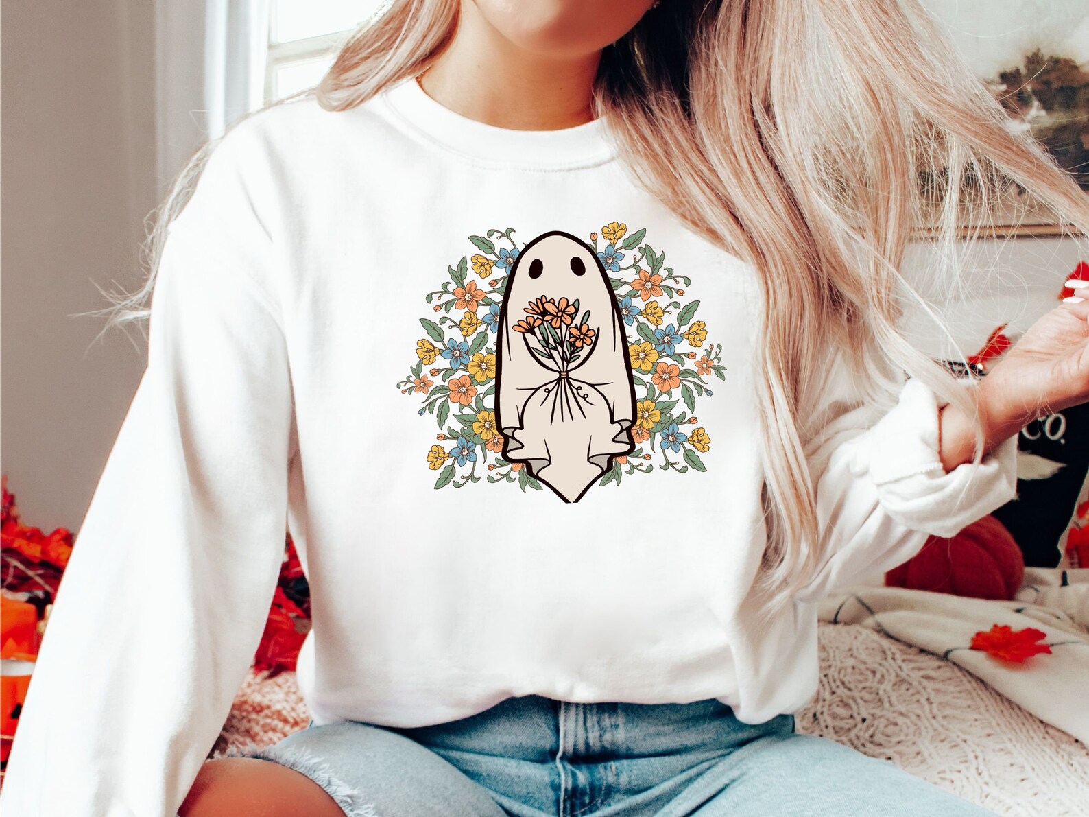 Floral Ghost Sweatshirt 2D Crewneck Sweatshirt All Over Print Sweatshirt For Women Sweatshirt For Men Sws4000