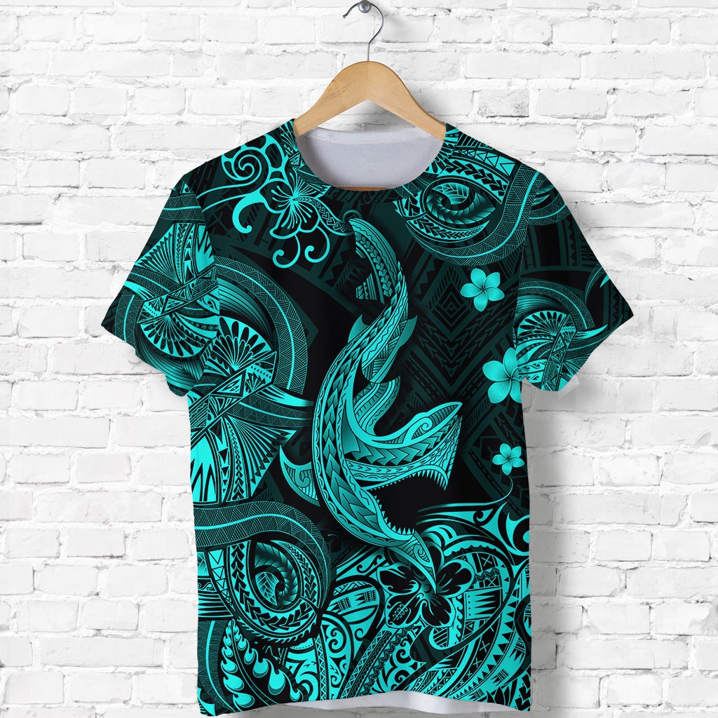 Hawaiian Angry Shark Polynesian T Shirt Unique Style Turquoise Ha45246