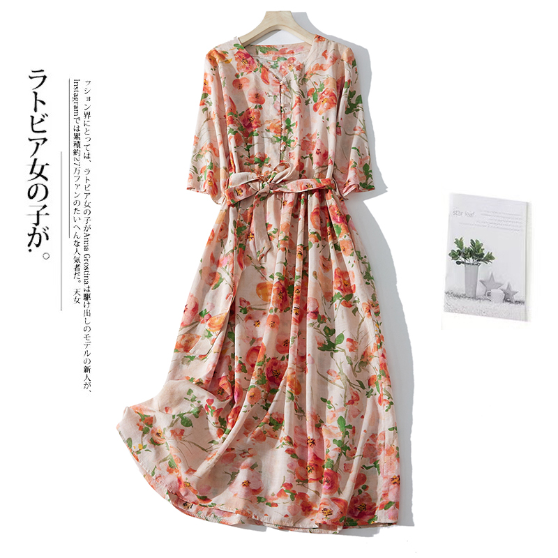 2022 New Arrival Thin Light Soft Print Floral Loose Cozy Fashion Women Travel Style Summer Dress Belt Office Lady Work Dress alx