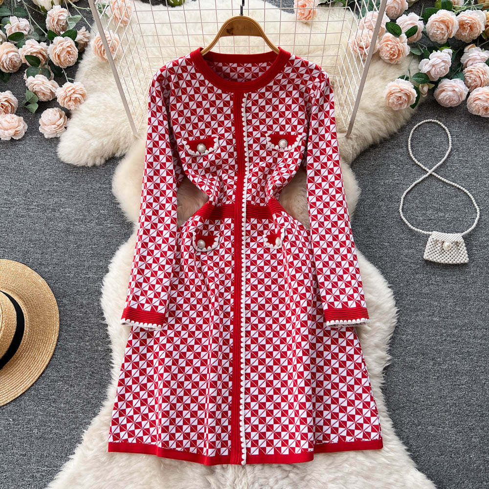 SINGREINY Plaid Long Sleeve Sweater Dress Women O Neck Fashion French Style Elegant Ladies Autumn Casual Knit Warm Dresses alx