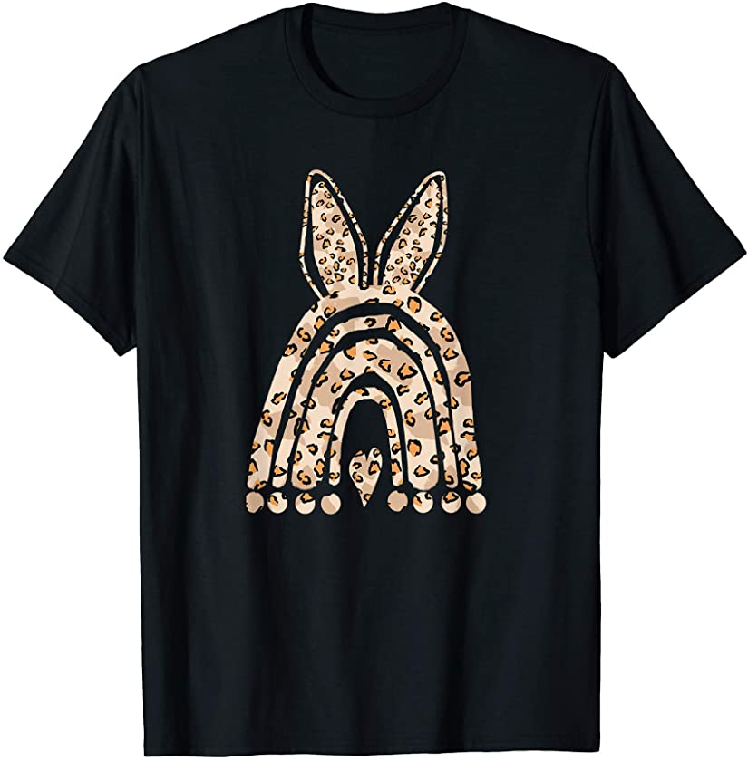 Cute Easter Bunny Ears and Heart Leopard Print Boho Rainbow T-Shirt