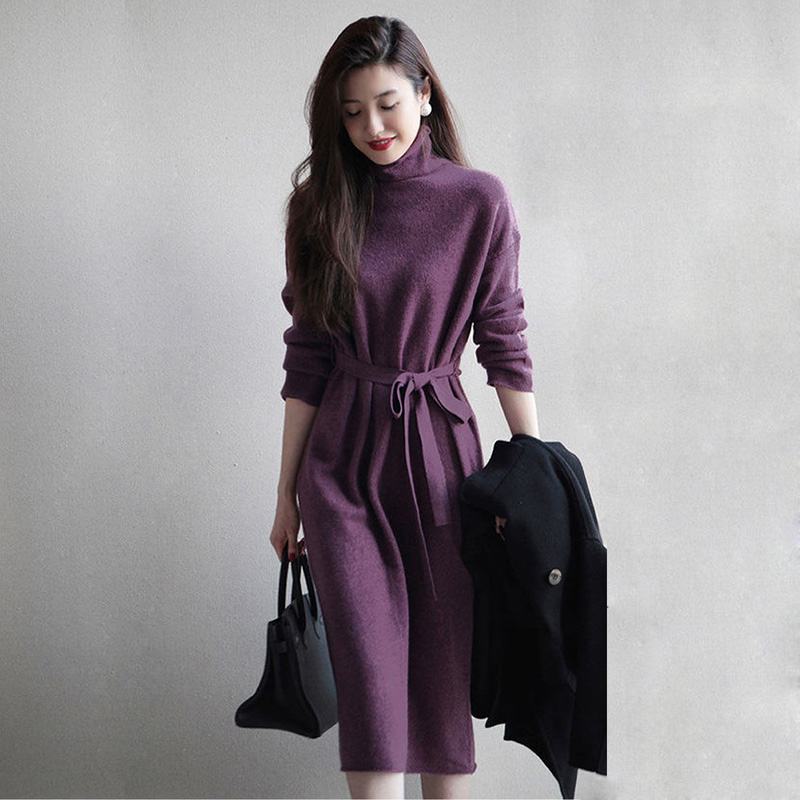 Turtleneck Basic Soft Loose Lace Up Knitted Women’s Dress Solid Chic Pullover Pullover Jumpers Mid-Calf Dresses For Women 2022 alx