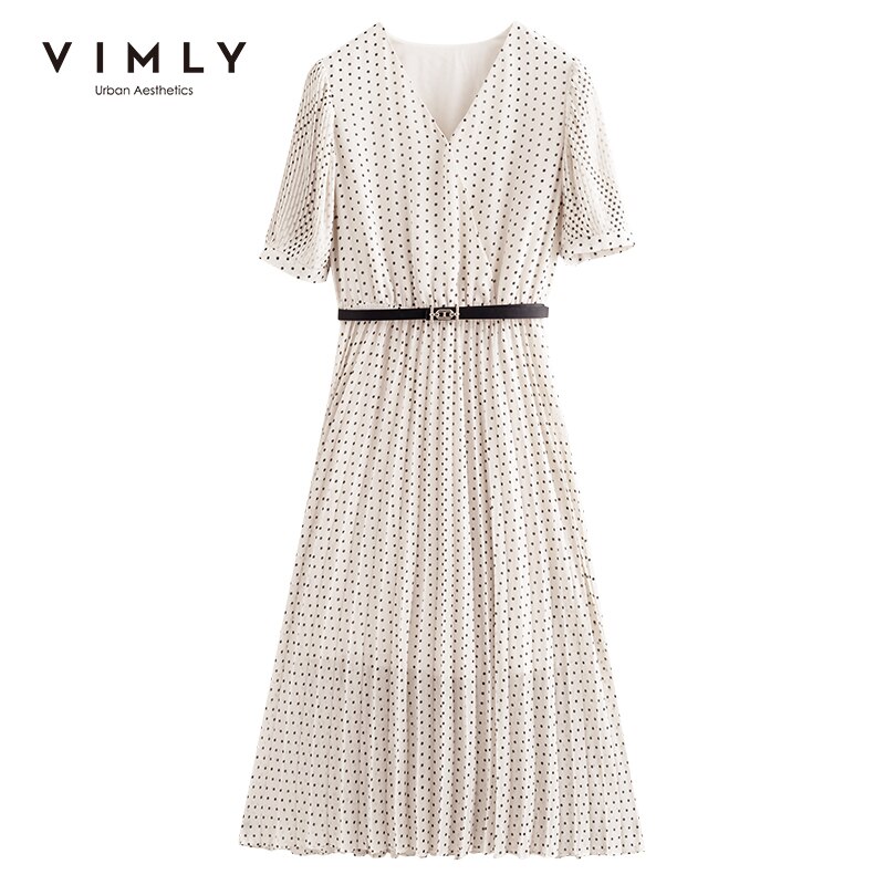 VIMLY Summer Maxi Dresses For Women Fashion New V Neck Short Sleeve Dot Dress Elegant Elastic Waist with Belt Dress Female F6730 alx