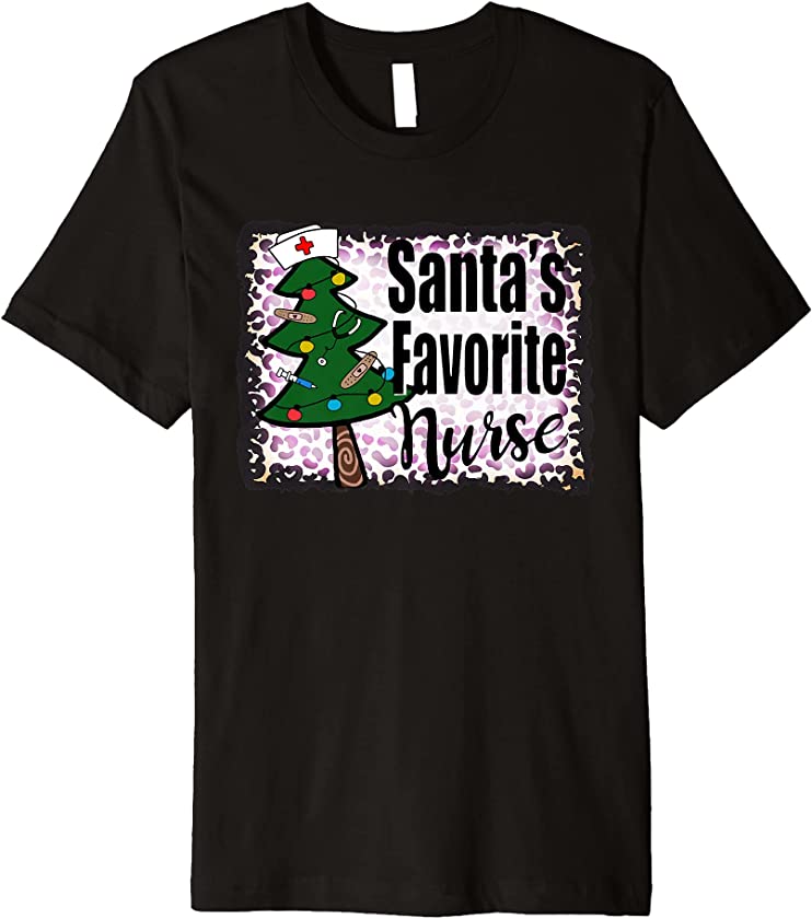 Santa’s Favorite Nurse Tree Christmas Nursing Leopard Premium T-Shirt