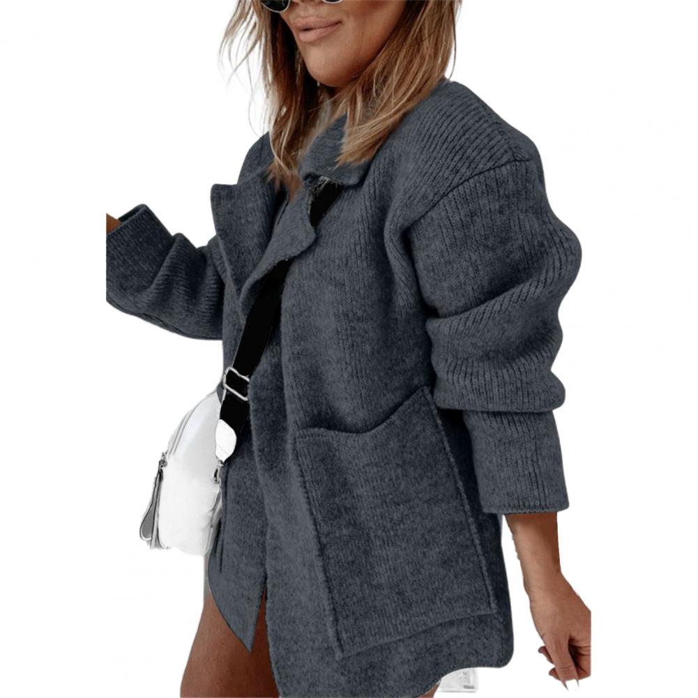 Chic Pockets Open Front Sweater Coat Lightweight Knitted Coat Lapel Two Pockets Cardigan Sweater for Daily Wear alx