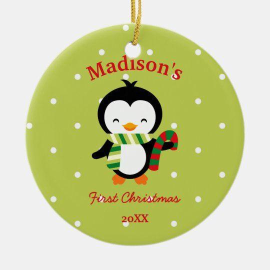 Personalized Ornament Baby’S First Christmas Cute Penguin And Polka Dots Customized Circle Ornament