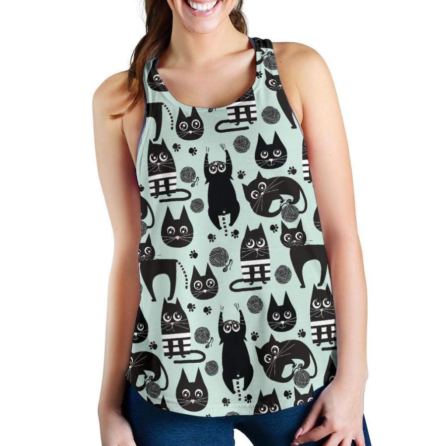 Black Kitten Cat Pattern Print Racerback Tank Tops