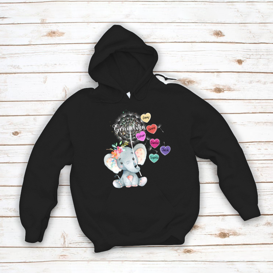 Personalized Grandma Elephant Cute With Grandkids Heart Hoodie