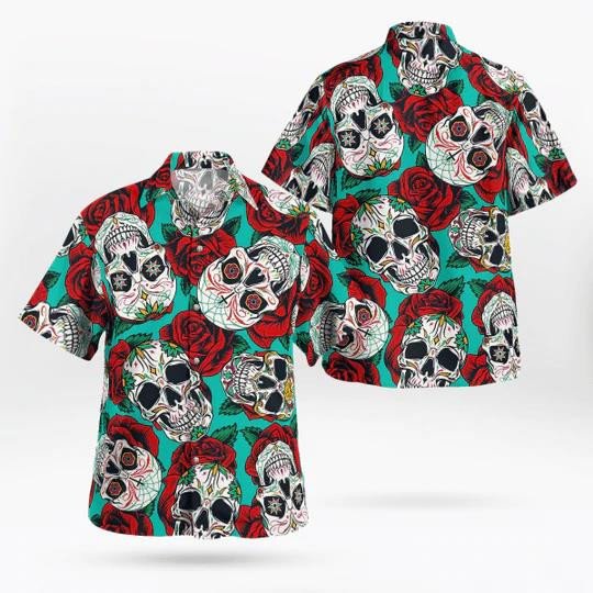 Horror Roses Skull On Mint Background Hawaii Shirt Ha11563