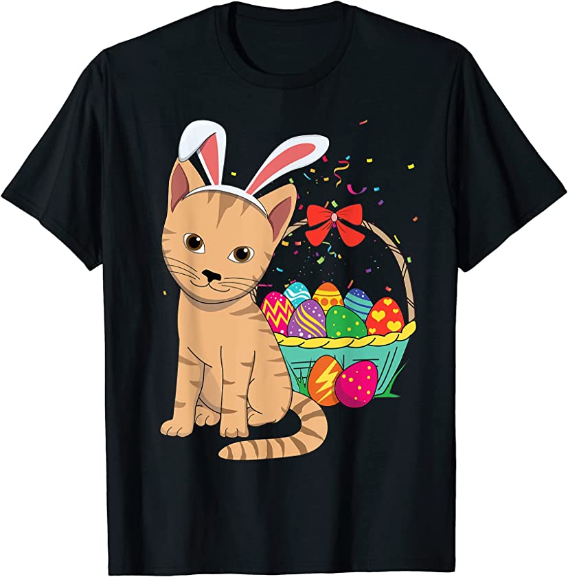 Kawaii Cute Cat Bunny Rabbit Eats Egg Happy Easter Sunday T-Shirt