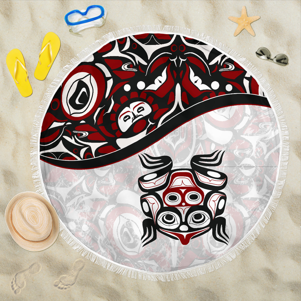 1stCanada Beach Blanket – Haida The Frog Style Tattoo (White) A02