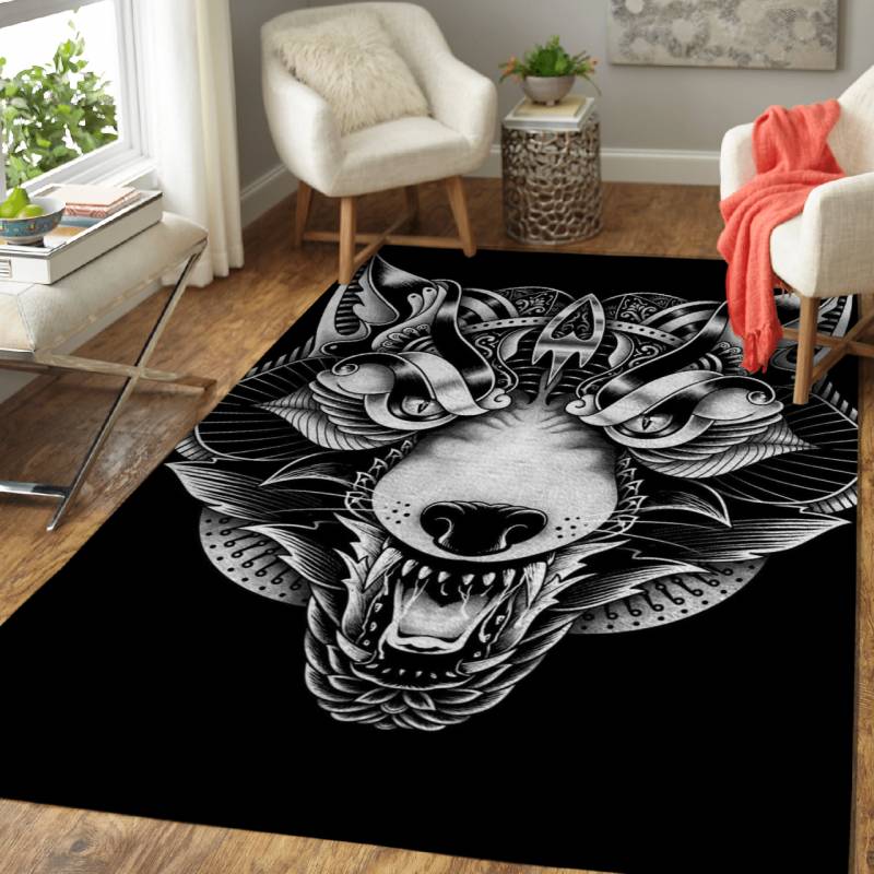 Angry Wolf Ornate – Animals Area Rug Carpet