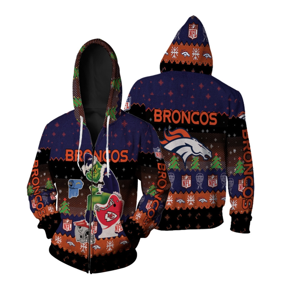 Santa Grinch Denver Broncos Sitting On Chiefs Chargers Raiders Toilet Christmas Gift For Broncos Fans Zip Hoodie