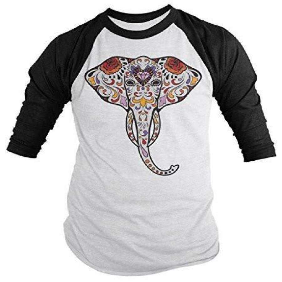 Shirts By Sarah Men’s Elephant Sugar Skull T-Shirt 3/4 Sleeve Hipster Shirts