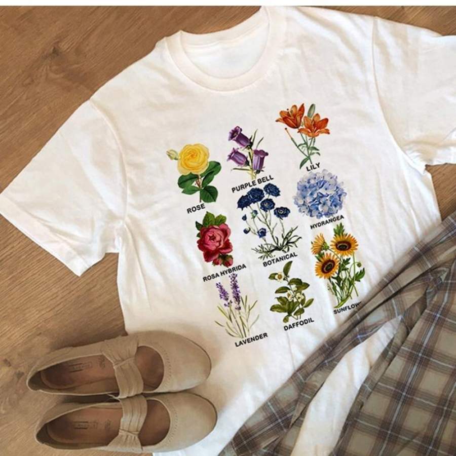 Kinds Of Flower Digital Printed Loose O-Neck Cotton Basic Vintage White Aesthetic Shirt