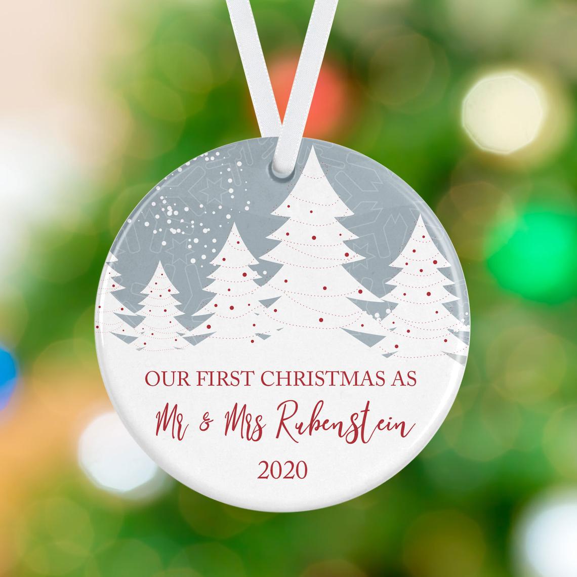 Ornament – First Christmas As Mr And Mrs – Snowy Winter Trees – Newlywed Christmas Tree Ornament – Just Married