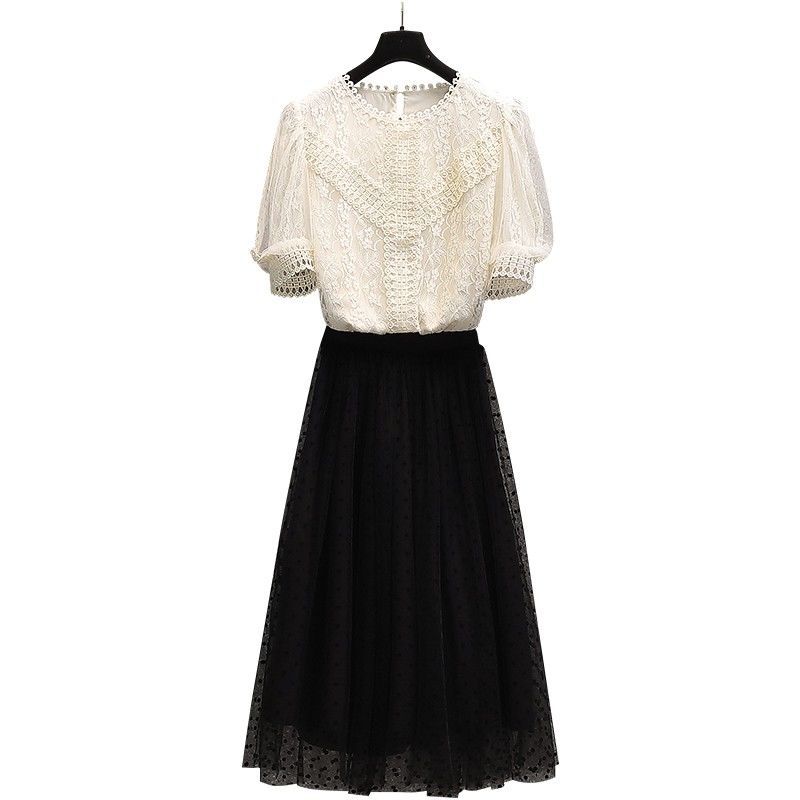 2022 Summer Women Graceful Lace Mesh Shirt A-Line Skirts Two Piece Set Ladies Korean Fashion Puff Sleeve Tops Black Skirt Outfit alx