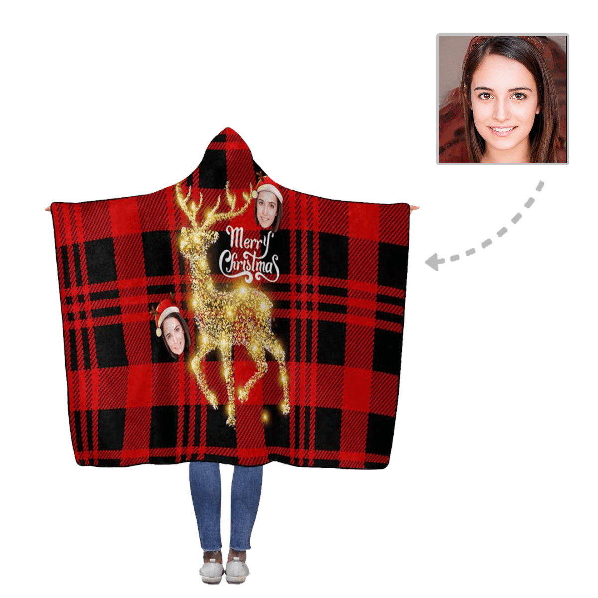 Custom Face Merry Christmas Deer Flannel Hooded Blanket