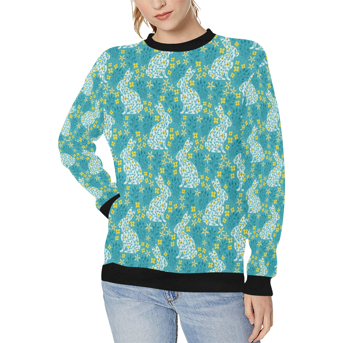 Rabbit Flower Theme Pattern Women’s Crew Neck Sweatshirt