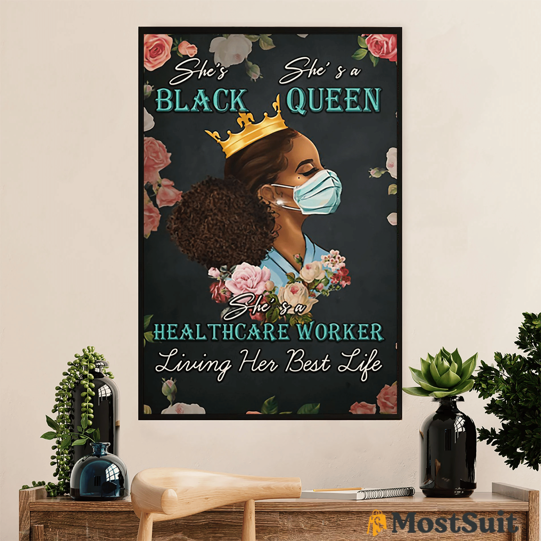 Black Queen Healthcare Worker Poster Canvas African American Afro – Gift For Black Girl Juneteenth Day Evg82041