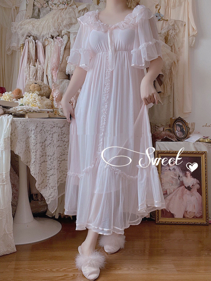 Vintage Women Sleepwear Princess Dress Royal Style Mesh Ruffles Lace Nightgowns.White Tulle Shorts Sleeves Nightdress Nightwear alx