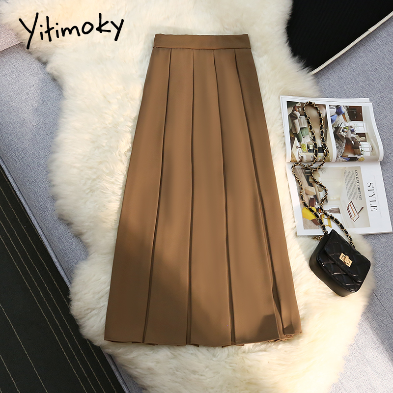 Yitimoky Pleated Midi Skirt for Women Y2k 2022 Fashion New High Waisted Elastic Band Yellow Black White A Line Long Skirts alx