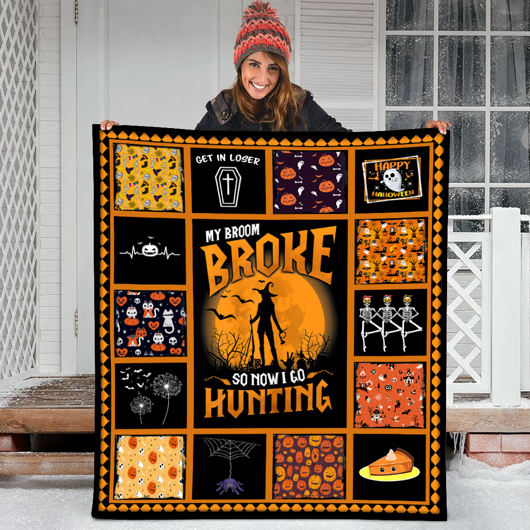 Womens My Broom Broke So Now I Go Hunting Halloween 2021 Funny Fleece Blanket Small Medium Large X-Large