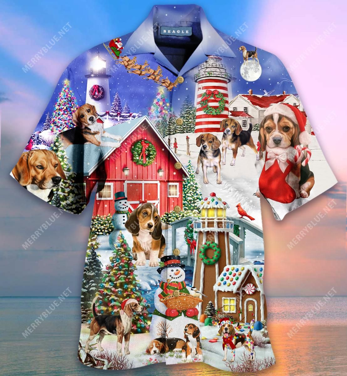 Beagles Welcome A Merry Christmas At Lighthouse Aloha Hawaiian Shirt Colorful Short Sleeve Summer Beach Casual Shirt For Men And Women