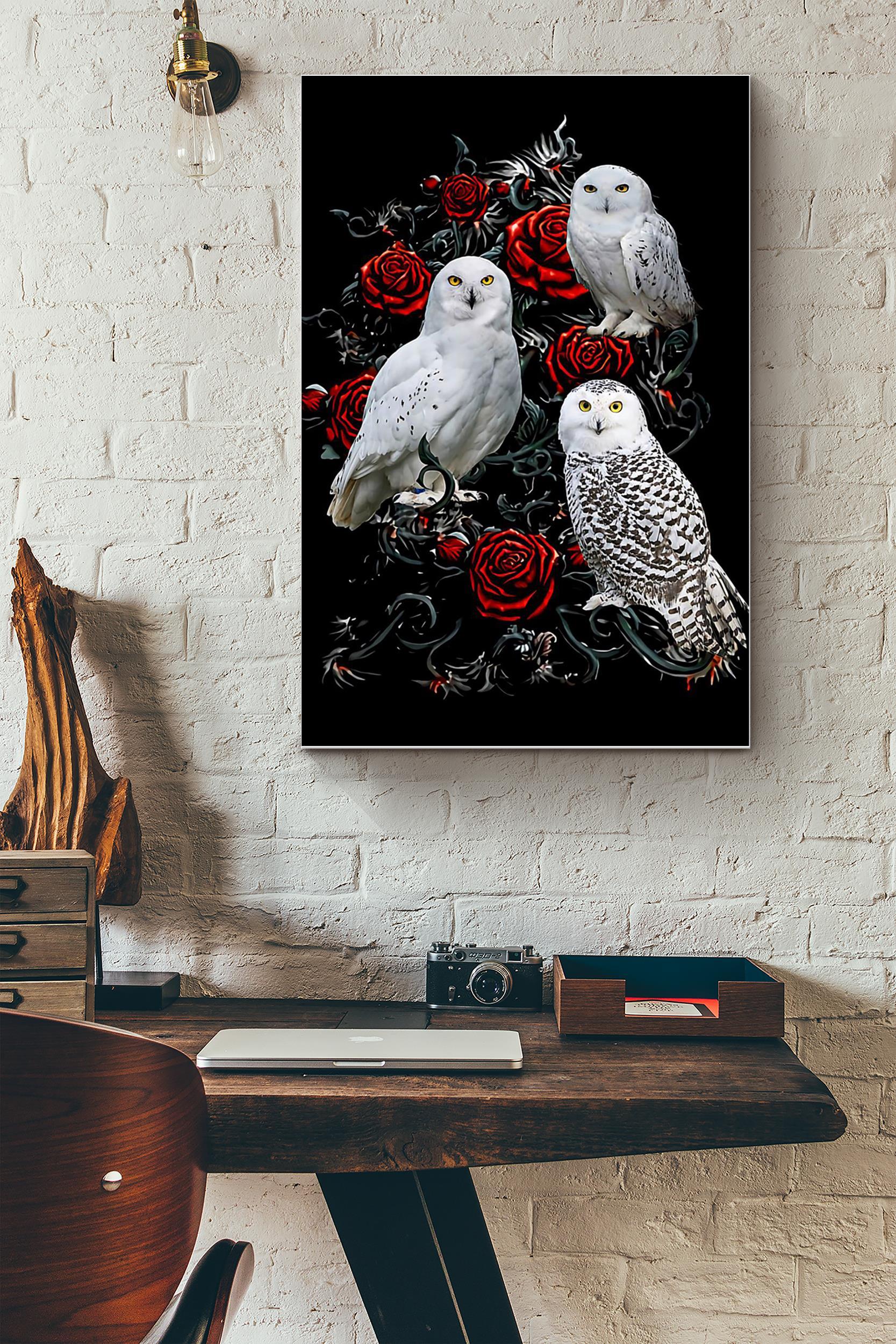 Three Snowy Owls On Rose Tree Poster – Animal Wall Art – Great Owl Painting Owl Print Gift For Animal Lover (Unframed) Poster