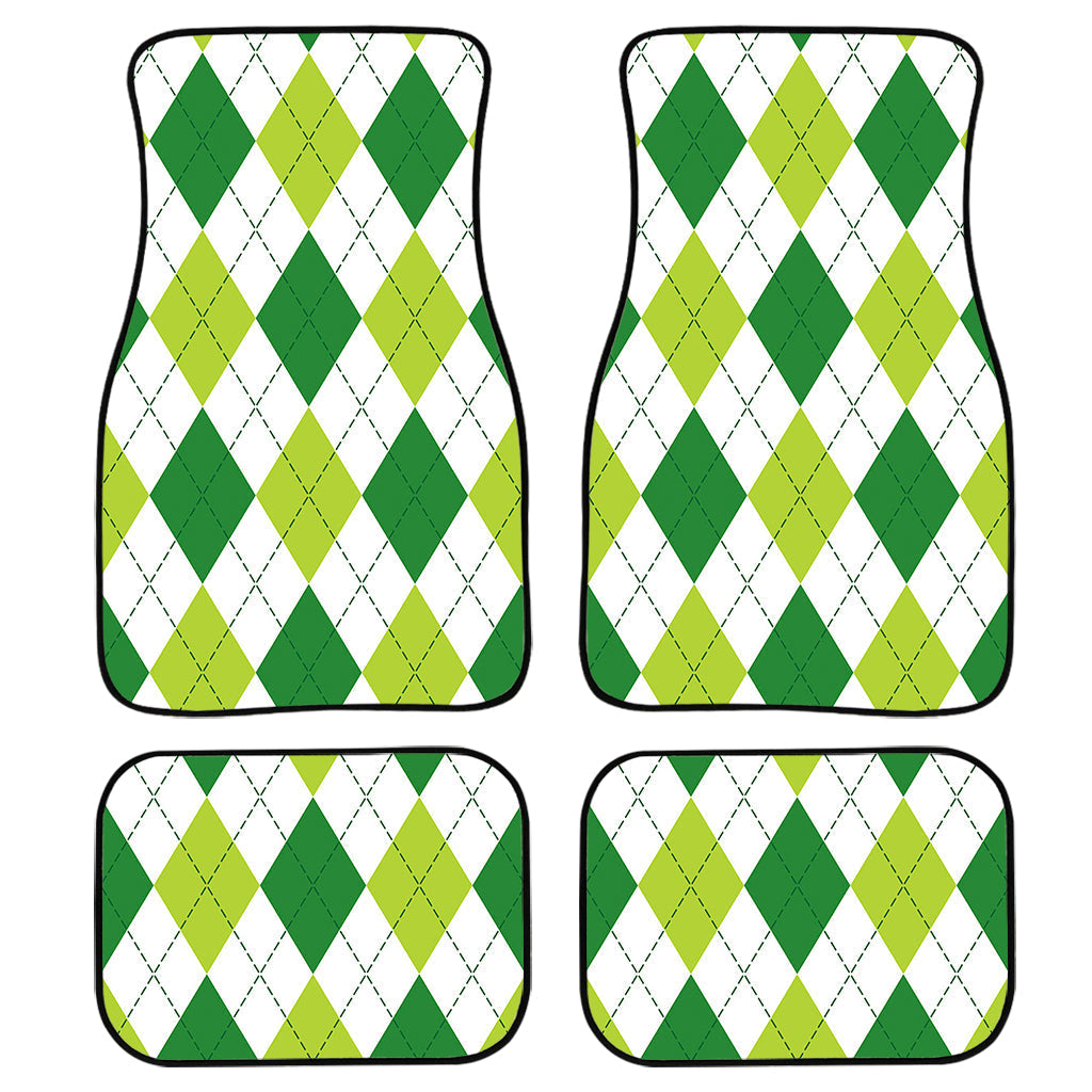 White And Green Argyle Pattern Print Front And Back Car Floor Mats, Front Car Mat