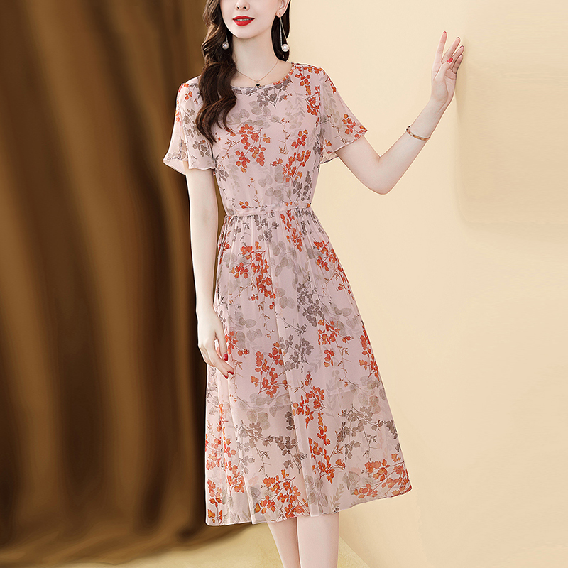 EVNISI Chiffon Printed Floral Dress 2022 New Summer Women Elegant Round Neck Dresses Lace Up Slim A-line Casual Vestidos alx
