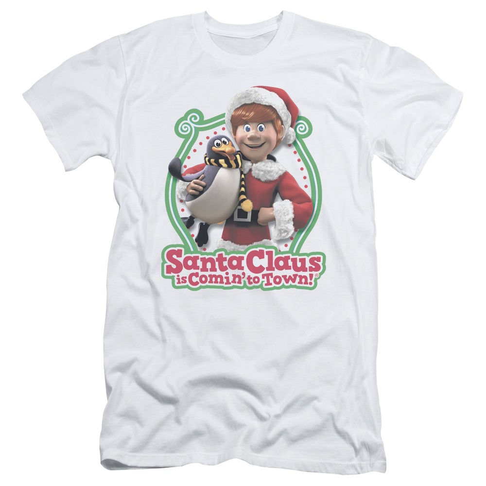 Santa Claus Is Comin To Town Penguin Slim Fit Mens T Shirt White