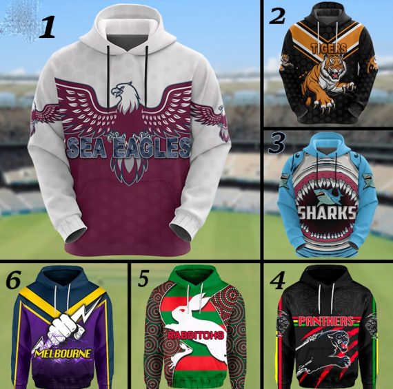 Australia National Rugby League Multiteam Sea Eagles Tiger Shark Panthers Rabbitohs Melbourne Hoodie Hg