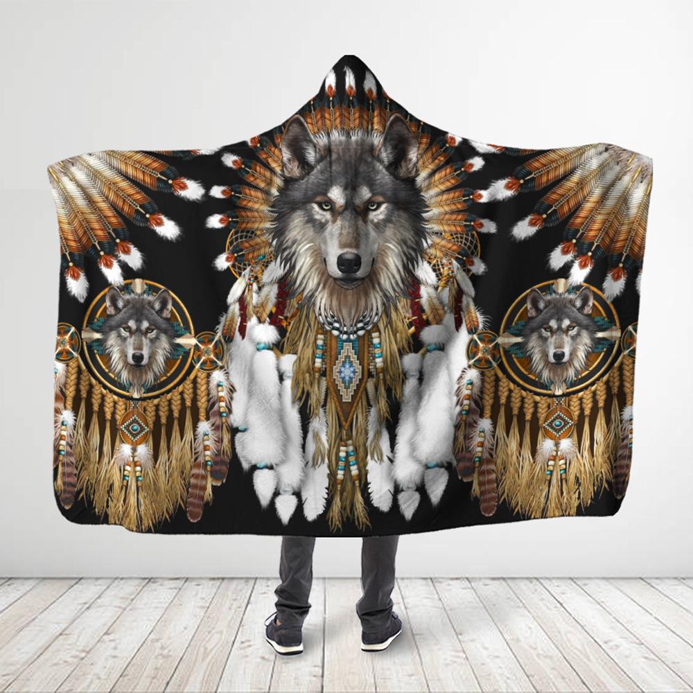 ViticStore™ Native American Wolf 3D All Over Printed Wolf King – Hooded Blanket