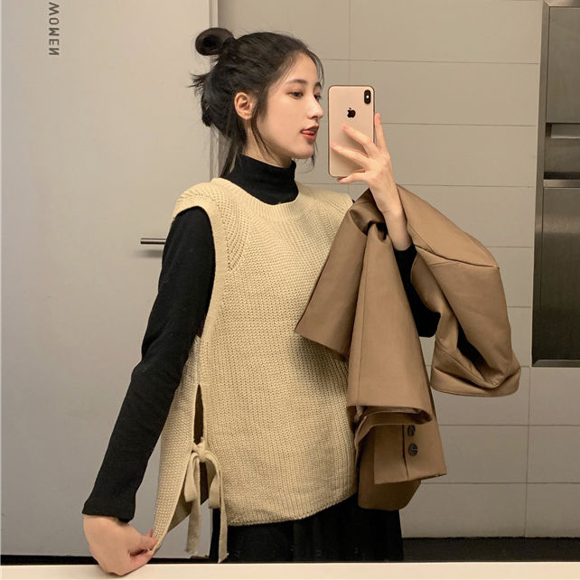 Sweater Vests Women Lace-up Design Knitted Autumn Side-slit Basic Female Solid Harajuku All-match Street Style Retro Preppy Chic alx