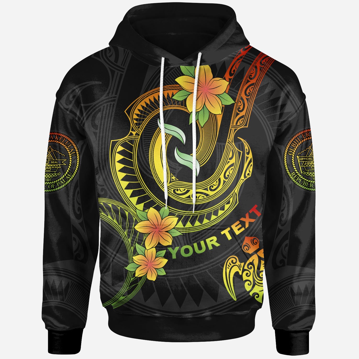 Palau Custom Personalised Hoodie – Reggae Plumeria Flowers with Spiral Patterns – BN26