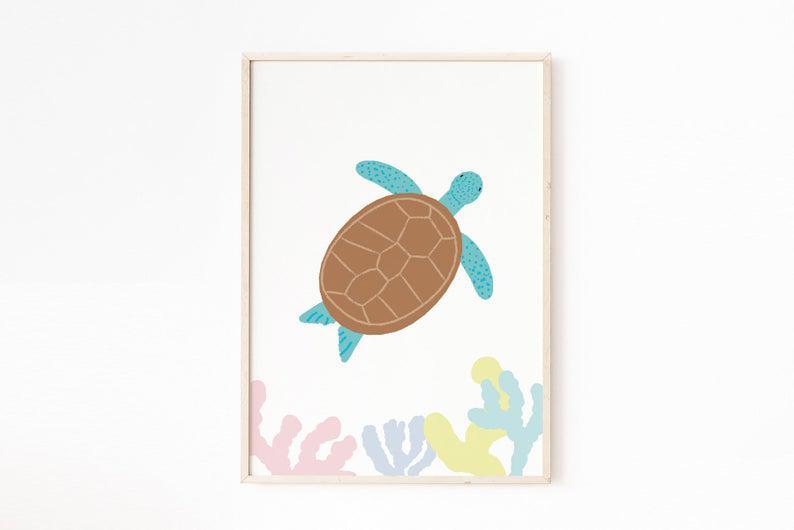 Nursery Wall Art Ocean, Turtle Painting, Under The Sea, Nautical Poster, Coastal Picture, Marine Sea Animal, Sea Life Art