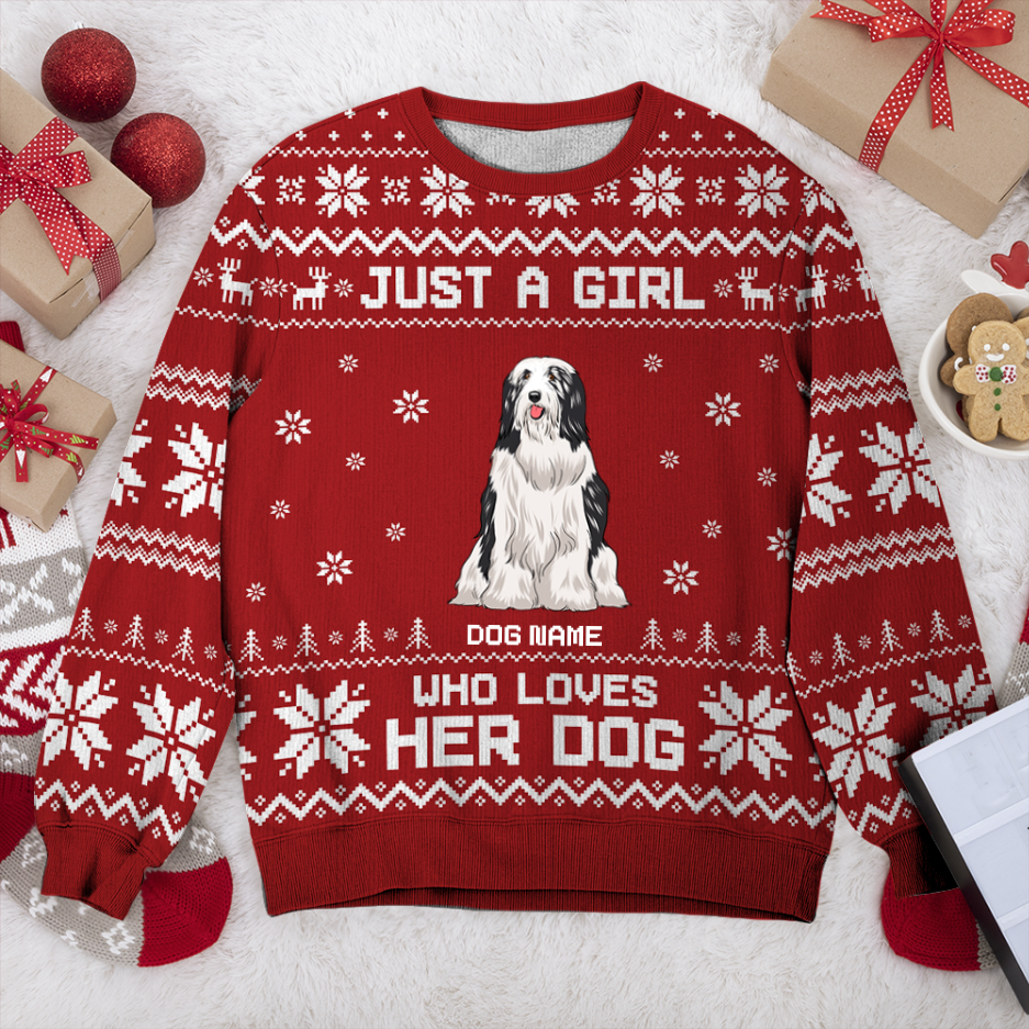 Bearded Collie Just A Girl Personalized Sweater, Dog Ugly Christmas Sweater