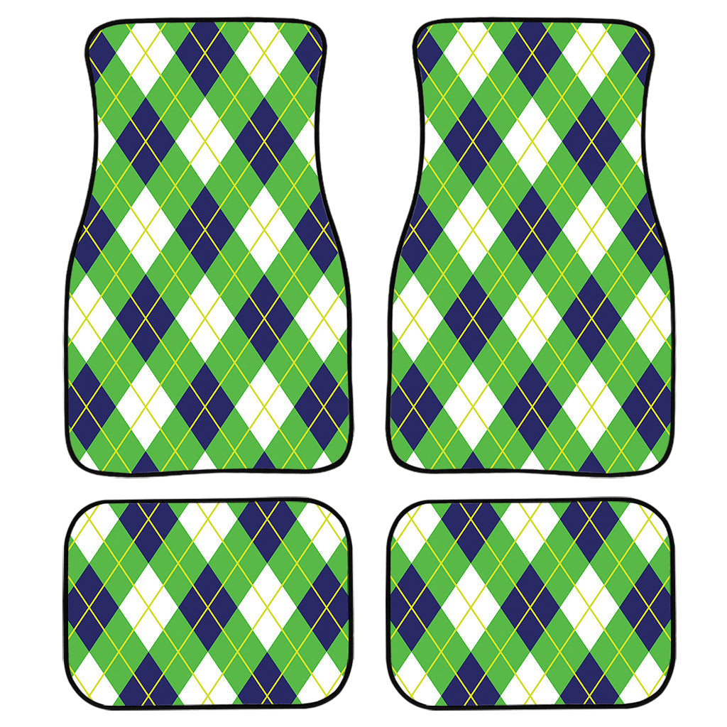 Green Navy And White Argyle Print Front And Back Car Floor Mats, Front Car Mat