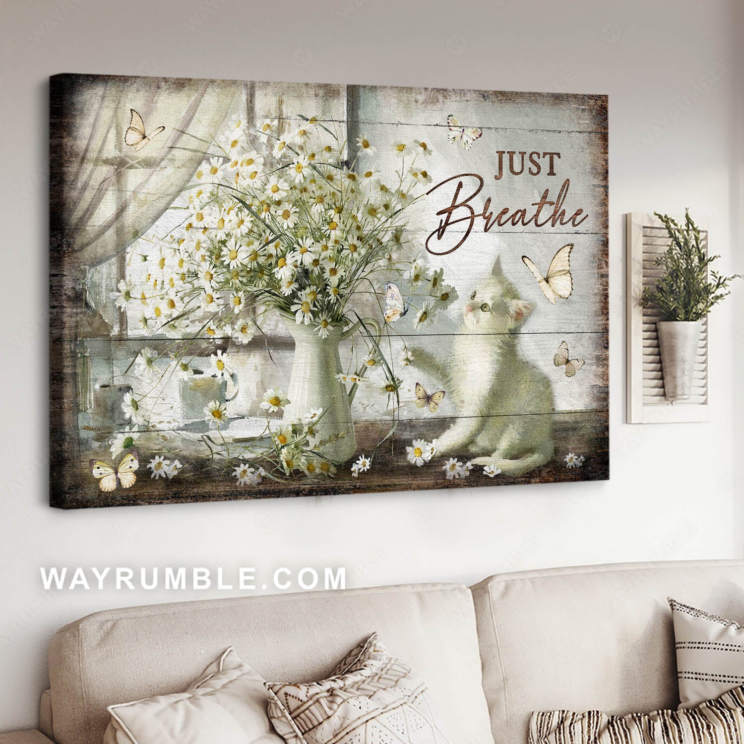 Vintage Flower Painting, Pretty Daisy Vase, Cute White Kitten, Just Breathe – Jesus Landscape Canvas Prints, Christian Wall Art