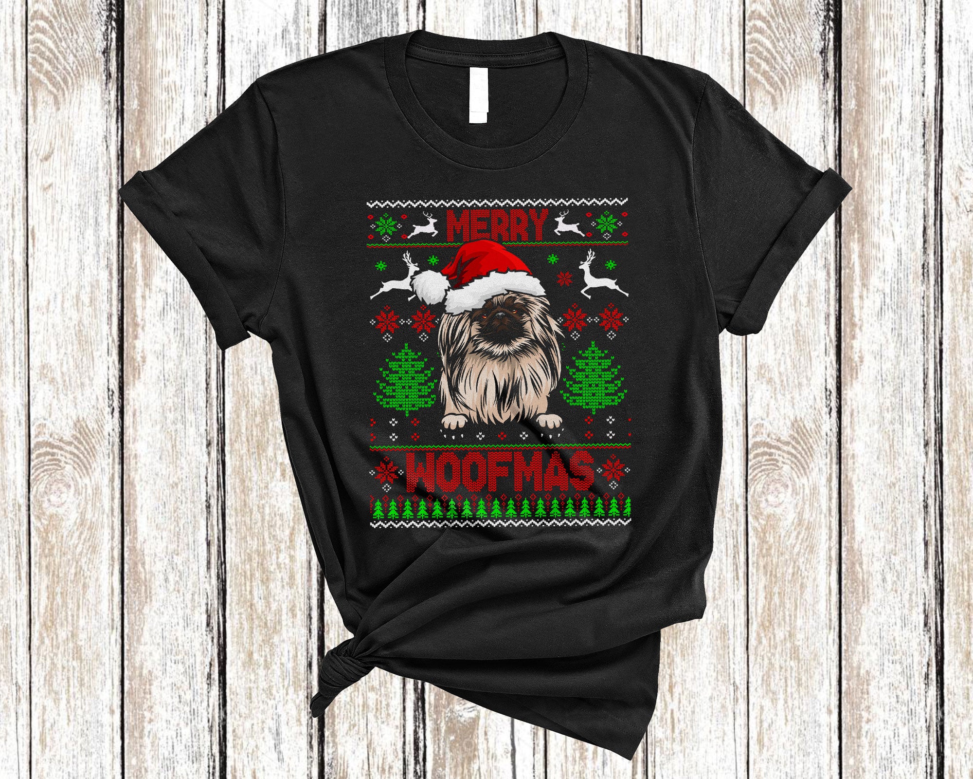 Christmas Dog Shirt Merry Woofmas Funny Ugly Christmas Santa Pekingese Dog Sweater Gifts T-Shirt