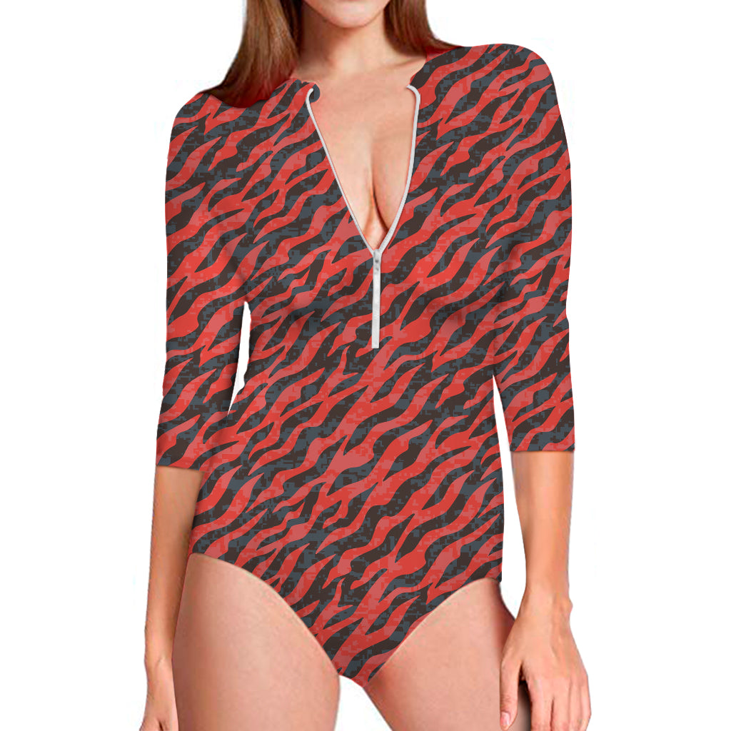 Black And Red Tiger Stripe Camo Print Long Sleeve One Piece Swimsuit