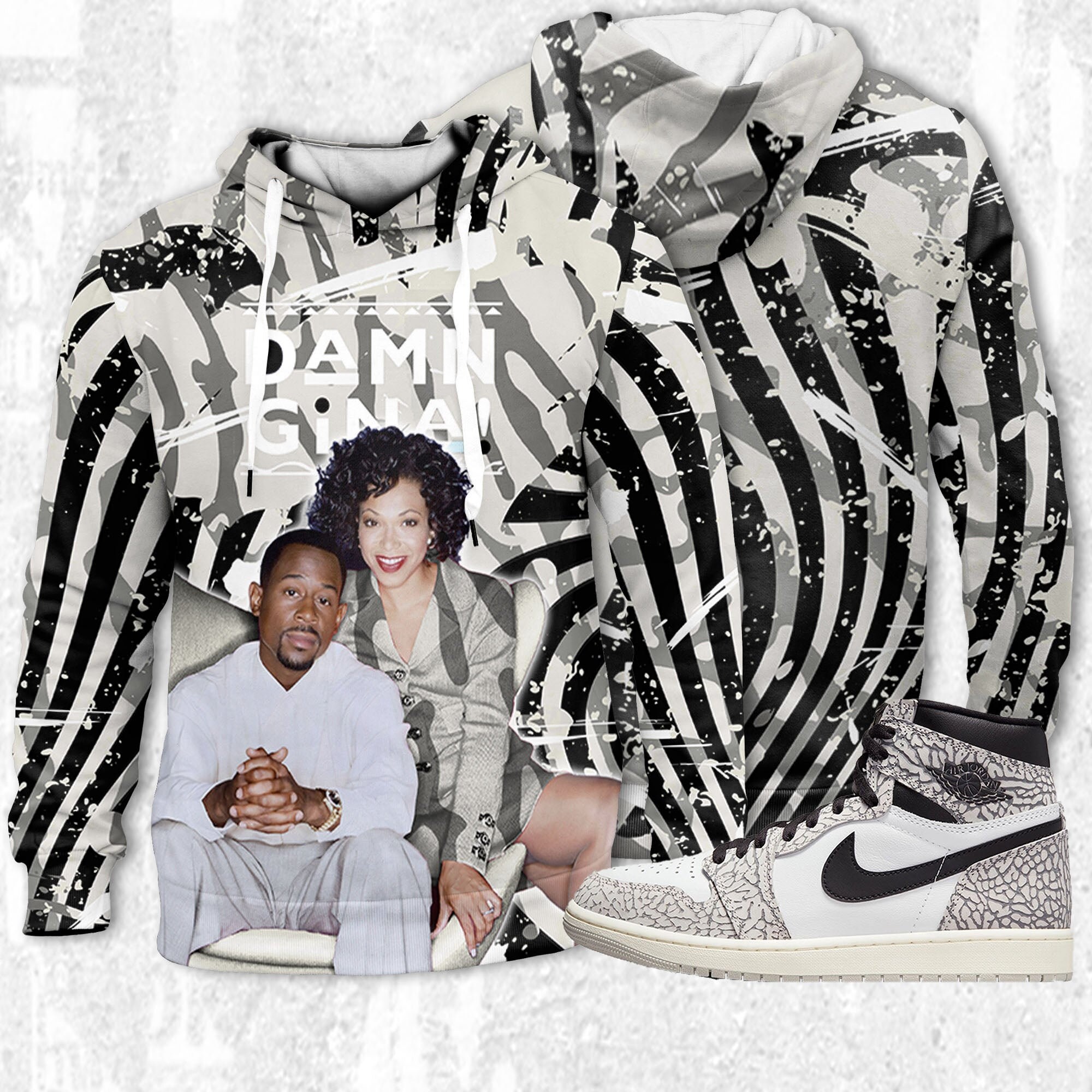 Damn Gina 3D Humor 90s Unisex Hoodie 3D match Jordan 1 Elephant Print White Cement Air Jordan Jordan MatchHoodie