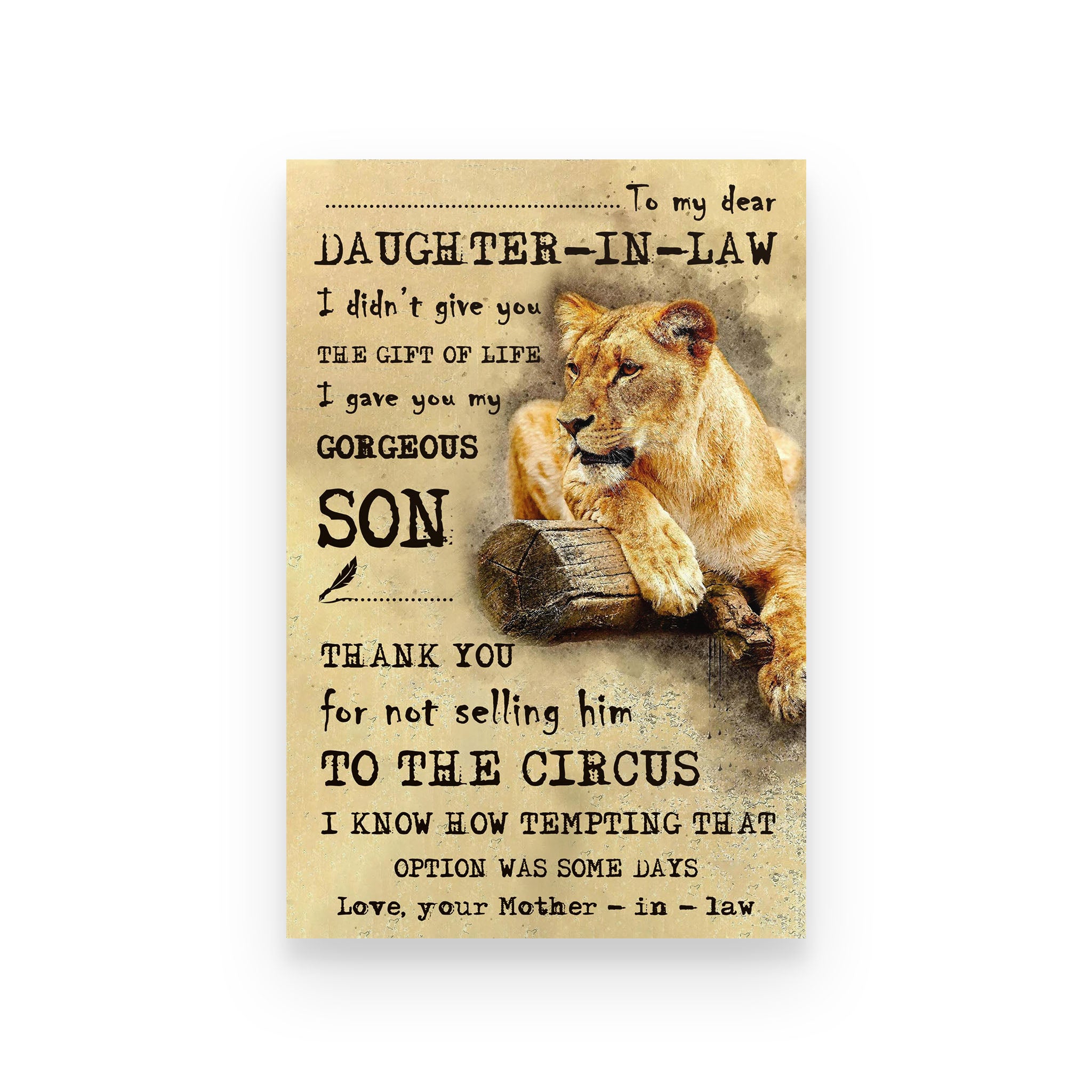 lion poster mother in law to daughter in law thank you for not selling him