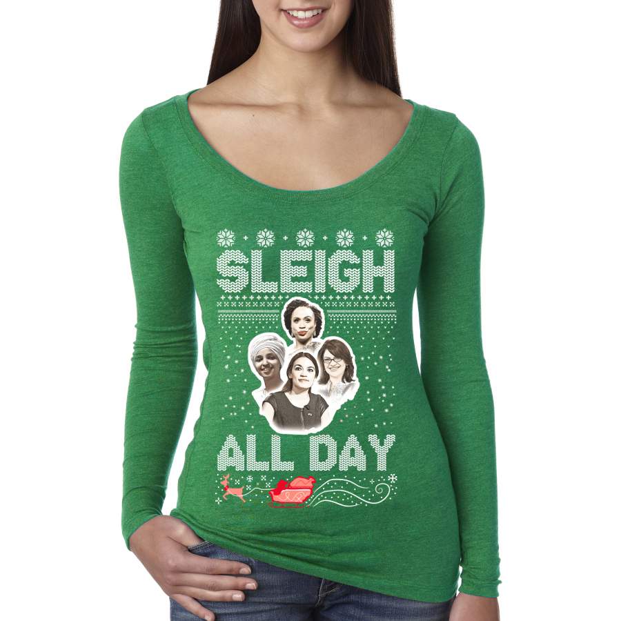 AOC The Squad Congresswomen Sleigh All Day Xmas Ugly Christmas Sweater Womens Scoop Long Sleeve Top