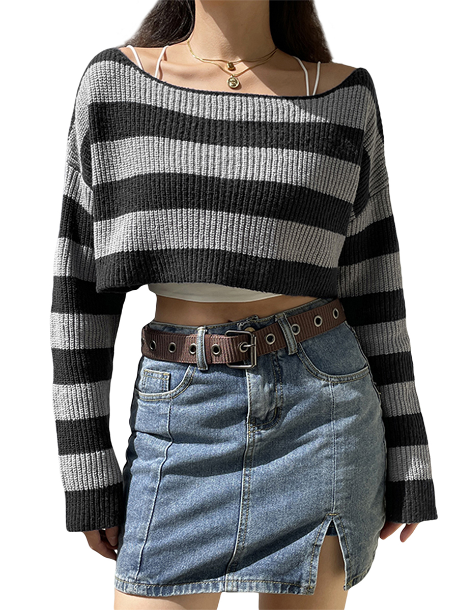 Women Fall Vintage Stripe Knitted Cropped Sweater Off Shoulder Long Sleeve Loose Pullover Knitwear Streetwear alx