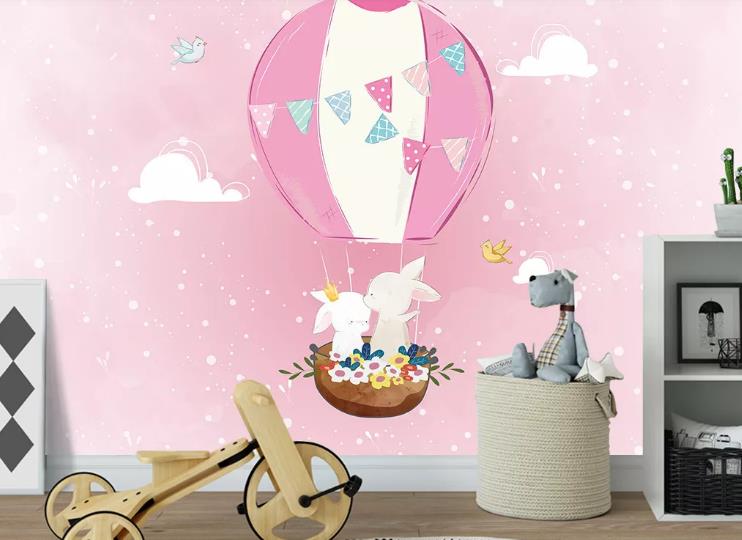 3D Cartoon Pink Hot Air Balloon Bunny Wall Mural Wallpaper Lqh 306